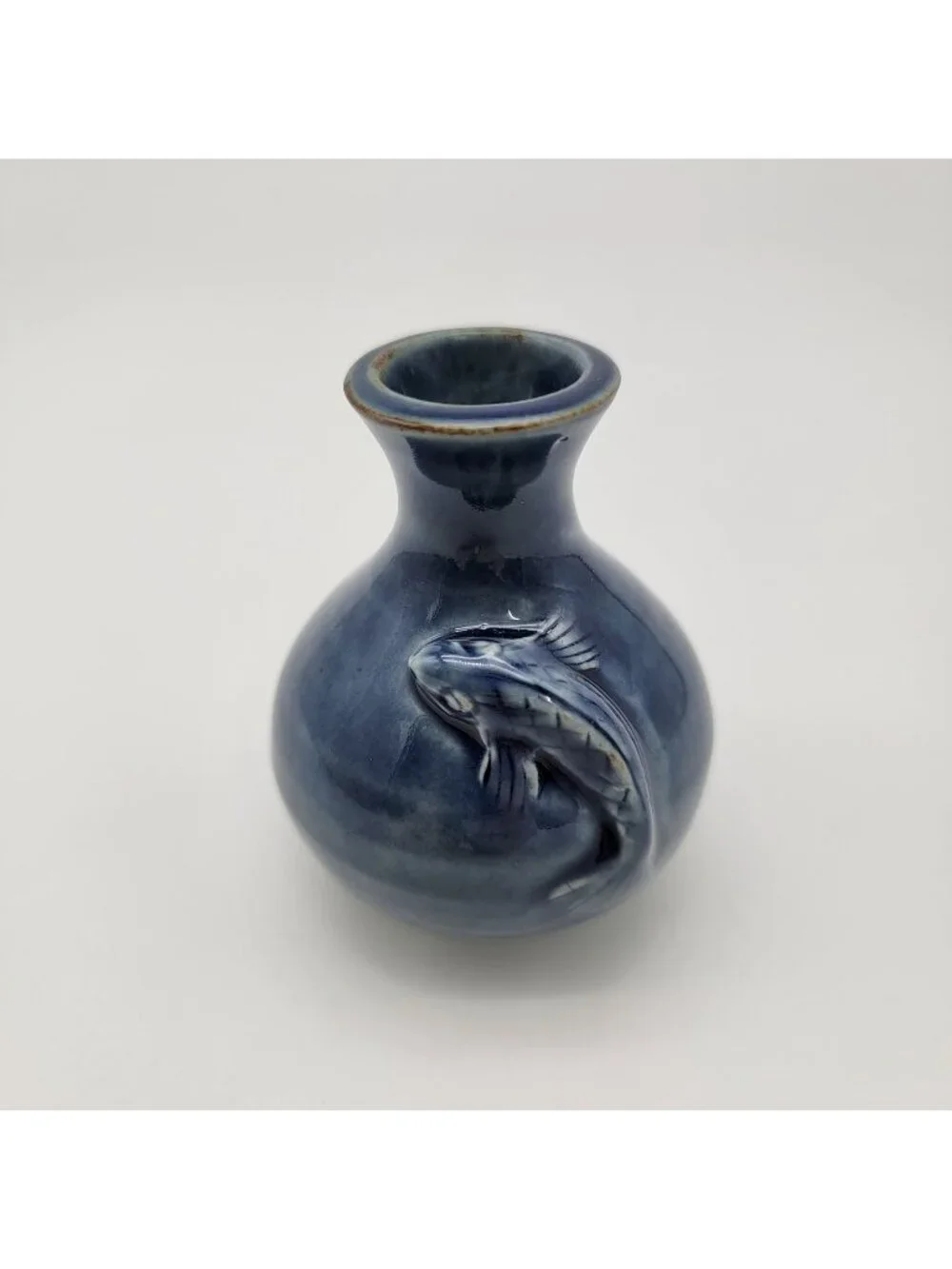 Vintage Blue Pottery Vase With Relief Fish Motif